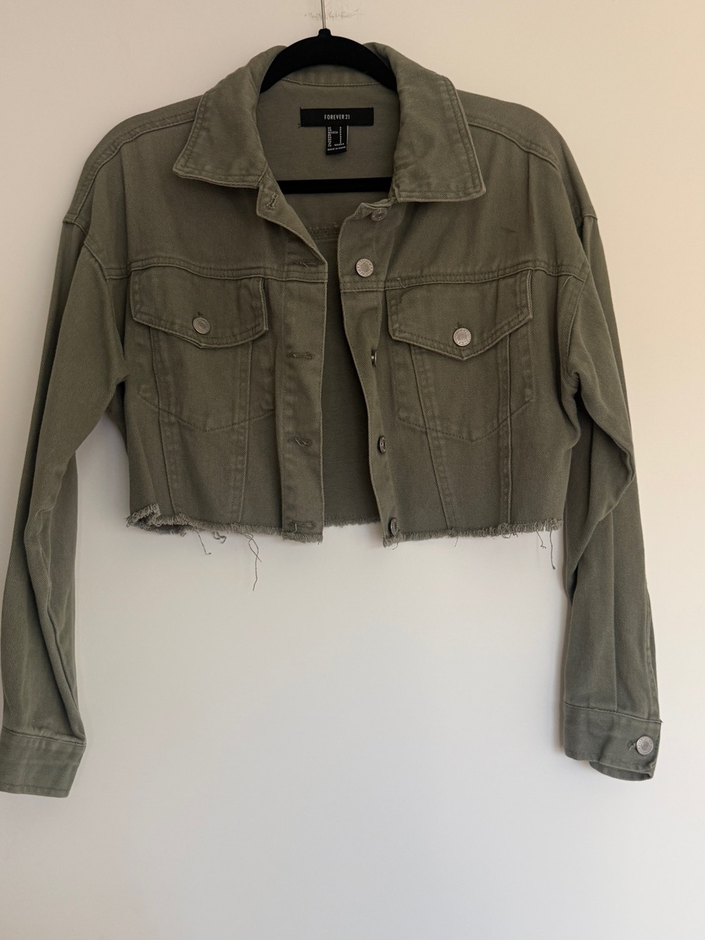 Forever 21 Cropped Olive Green Denim Jacket with Raw Hem